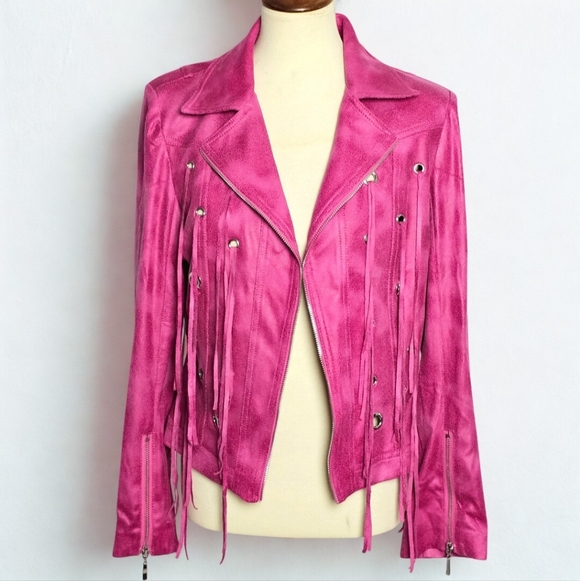 Lena Gabrielle Jackets & Blazers - Lena Gabrielle Pink Fringe Moto Jacket – Size 12